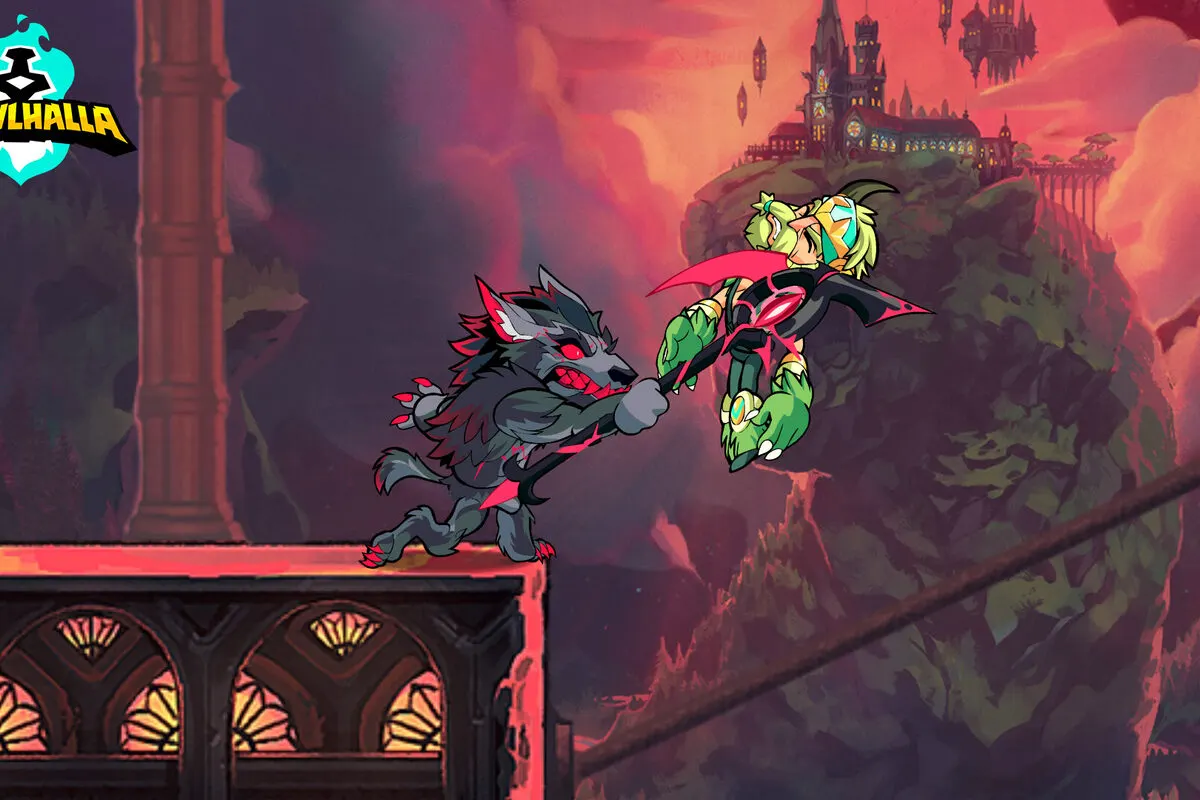 A werewolf legend and a winged legend fighting on a rope bridge in Brawlhalla, with a castle in the background