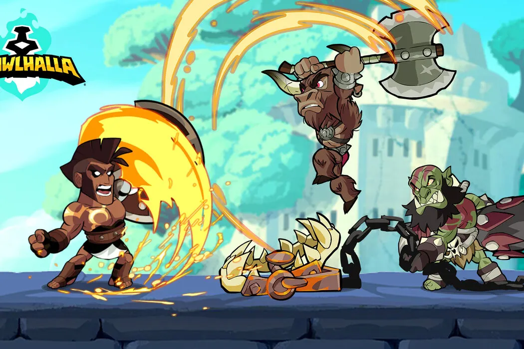 Brawlhalla key art showing three legends clashing with axe and fire effects on a platform stage