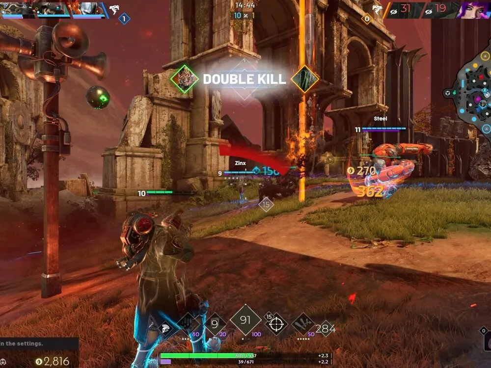 In-match HUD of a third-person MOBA fight in Predecessor, showing a double-kill notification